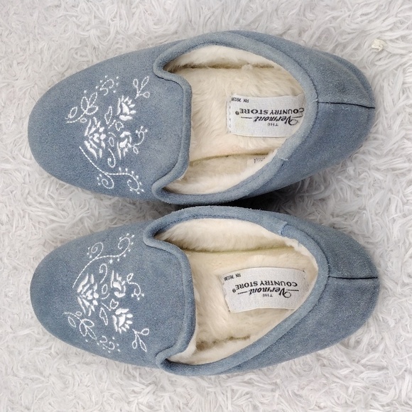The Vermont Country Store Blue Suede Leather Floral Embroidered Slip On Slipper - Picture 5 of 16